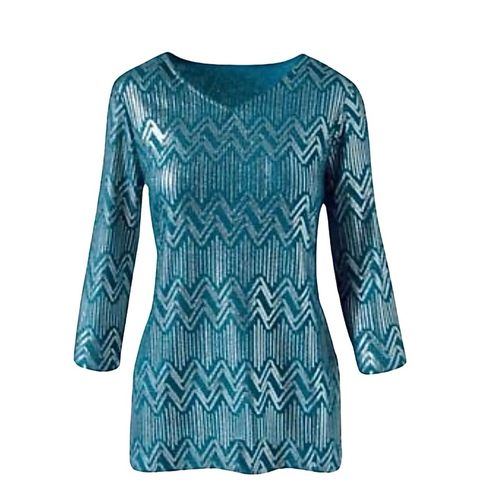 Chicos Chevron Foil Tunic 8 Teal Silver Metallic Top Lined Stretch V Neck